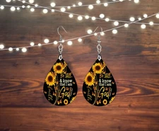 Be Still and Know that I am God Sunflowers Wood Tear Drop Earrings