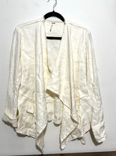 Free People Linen Blend Open Front Draped Raw Him Jacket Off White Sz S pockets