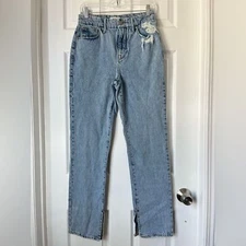 Good American High Waist Straight Leg Jean slit hem distressed size 2/26
