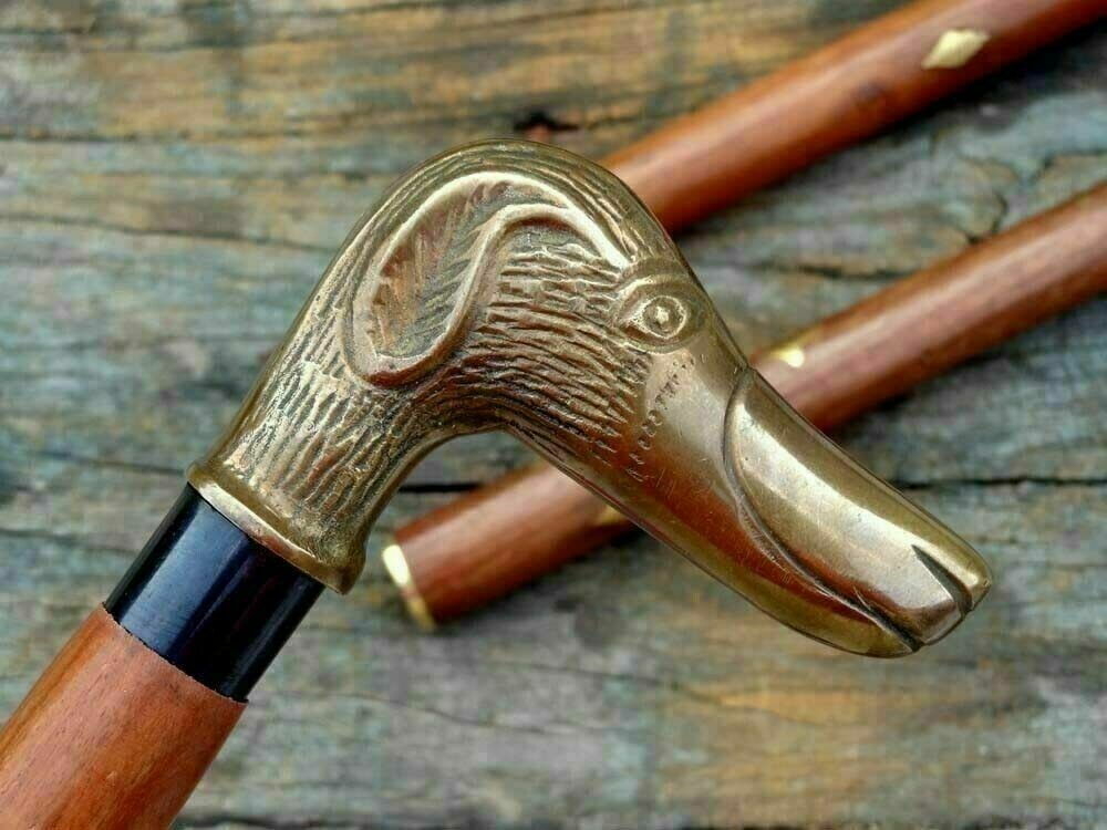 Bastone da passeggio ottone testa di cane manico vintage legno design canna s...
