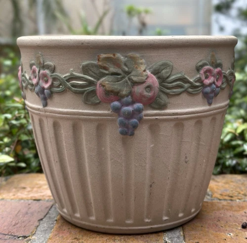 WELLER POTTERY GRAYSTONE PLANTER WITH FRUIT & FLOWERS.....RARE!