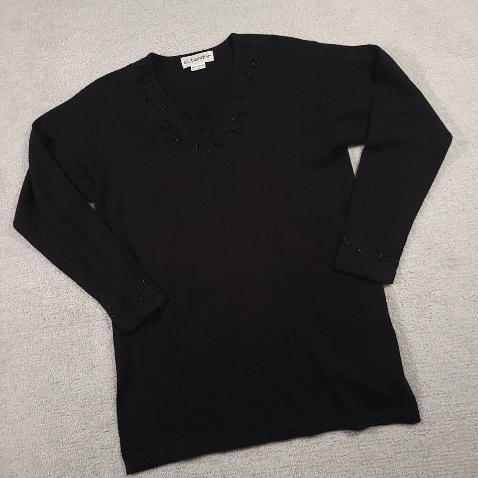 Suéter de Colección Outlander Lentejuelas Cuentas Para Mujer Grande Negro Cuello en V Tejido Manga Larga Foto 2 de 4