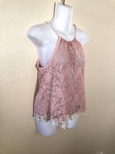 Vintage Lace Crochet Sleeveless Halter Tank Top Boho Chic Romantic Sz Med Peach