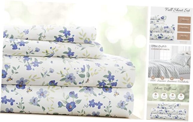 4 Piece Size Sheet Sets (Light Blue Floral) - Sleep Full Blossoms Light Blue