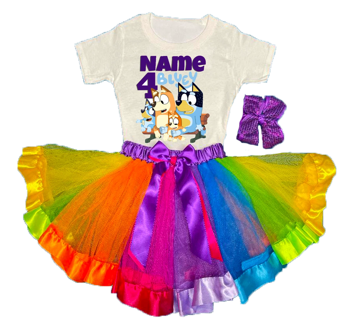 Bluey Family Dress With NAME 4 fourth 4th Birthday Tutu Outfit