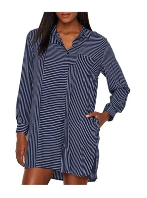 New Donna Karan Women's Broken Symmetry Stripe Woven Sleepshirt Blue Medium