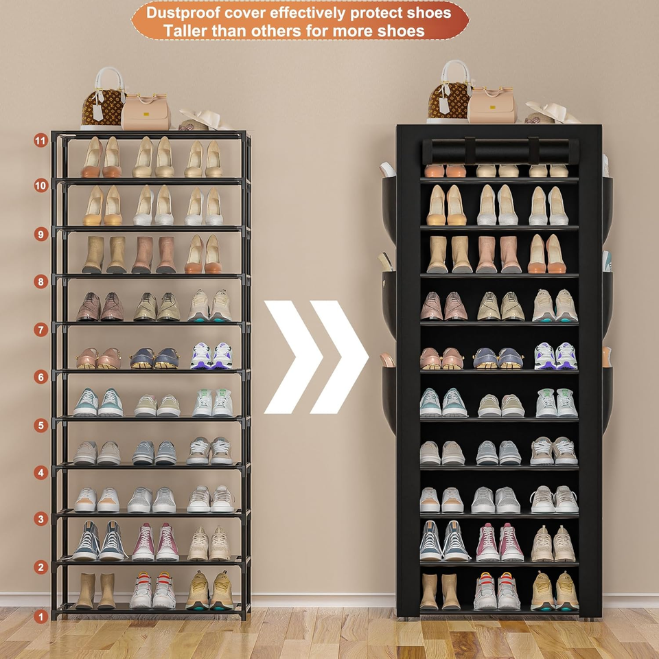 Shoe Rack 10 Tier Tall Shoe Rack Black Shoe Storage Fabric Covered ...