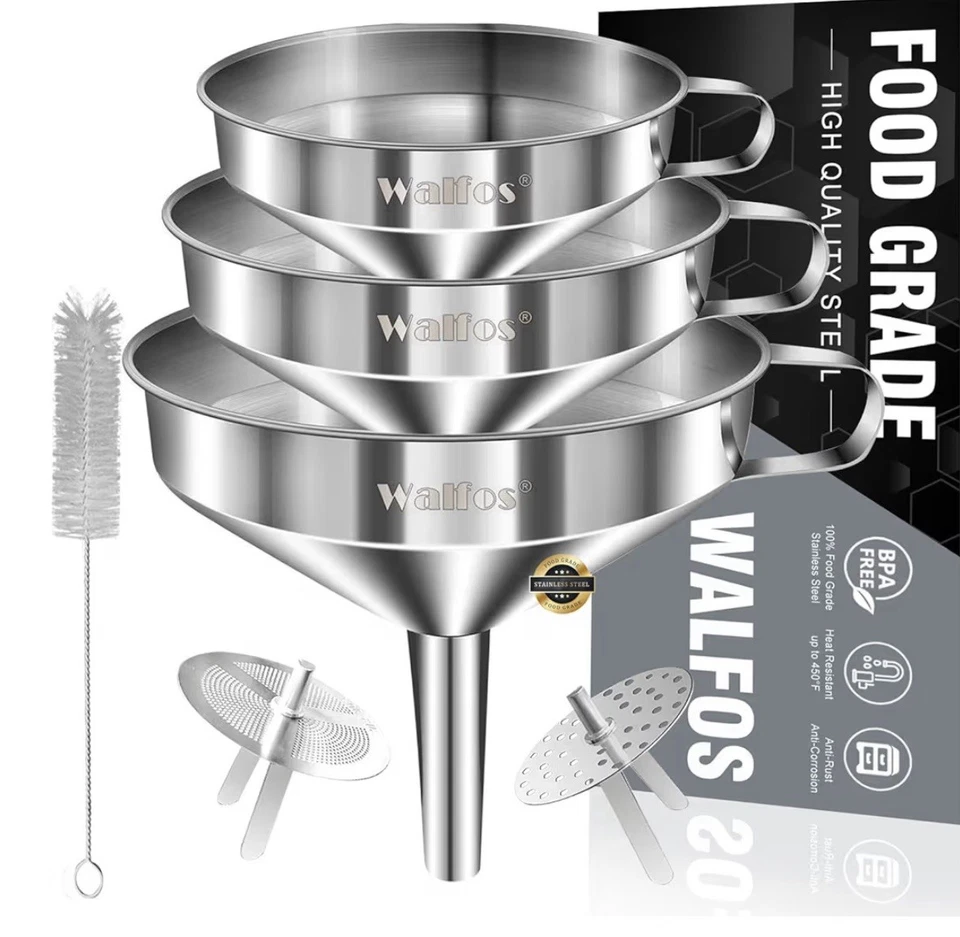 3 Pack Stainless Steel Funnel, with 2 Removable Strainer ＆ 1Pcs Cleaning Brush - Image 1 of 4