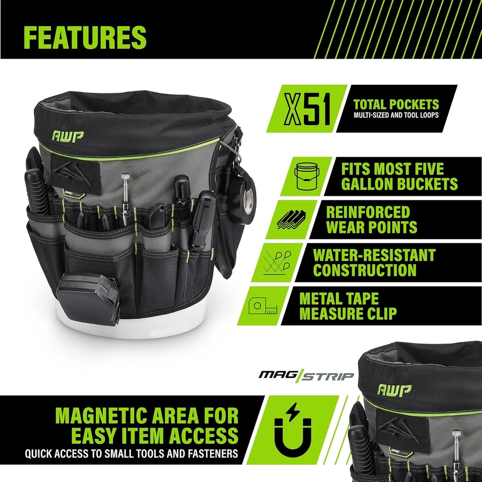 AWP 51-Pocket Bucket Tool Organizer for Easy Standard 5 gallon bucket, Black  - Image 2 of 4