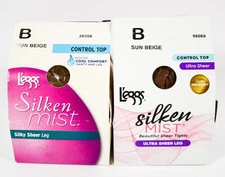 2  L'eggs Silken Mist Control Top Wicking Silky Sheer SUN BEIGE Tights Size B
