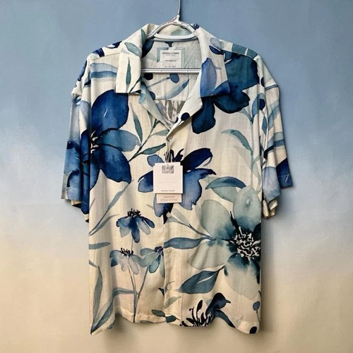 Denim & Flower Men's L Regular Relaxed White/Blue Floral Viscose Woven SS NWT - product listing photo