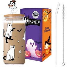 Halloween Ghost Glass Cups,18oz Glass Cup with Lid  Straw, Spooky Gifts for ...