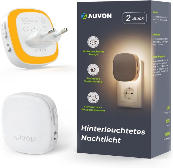 Auvon Nachtlicht Steckdose Mit Bewegungssensor Und DäMmerungssensor, 2 StüCk-image
