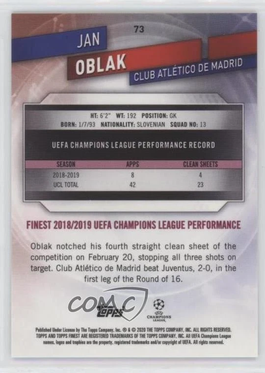 2019-20 Topps Finest UCL Gold Refractor /50 Jan Oblak #73 - Image 2 of 2