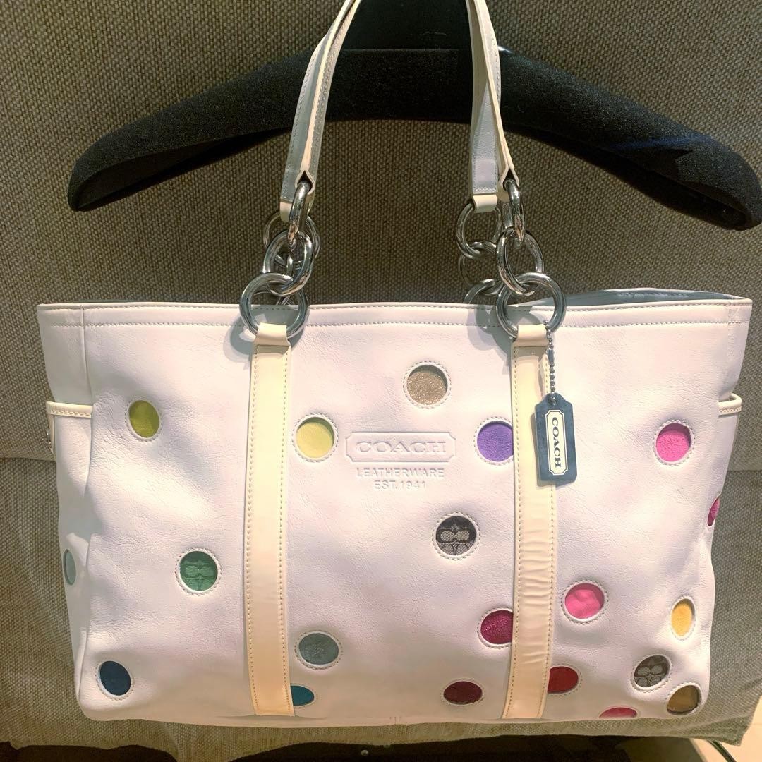COACH Polka Dot Watercolor Leather Tote Bag White Rare Limited Edition
