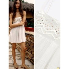 ZARA Beaded Mini Dress White Cotton Spaghetti Strap Summer Coastal Shell SMALL