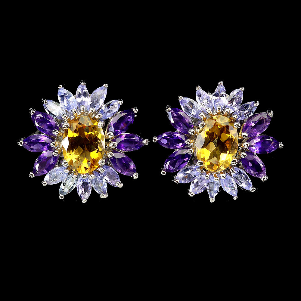 925 Sterling Silver Oval Citrine Amethyst Tanzanite Gemstone Earrings Jewelry
