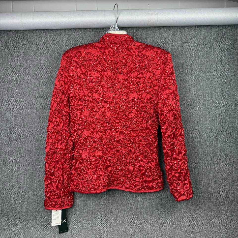NEW MSK Women’s Medium Red Sequined Zip Front Ruched Long Sleeve Jacket Top - Image 4 of 4