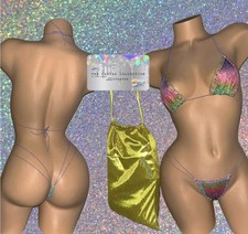 EXOTIC DANCER/ STRIPPER/ RAVE/ WEAR: MULTICOLORED 2 PIECE SET WITH RHINESTONES