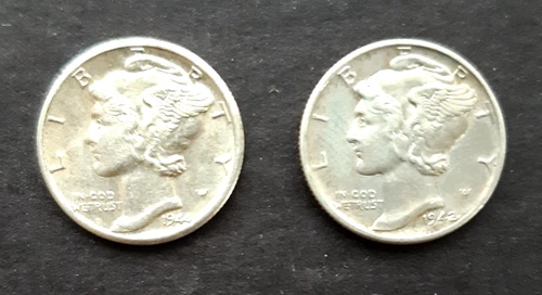 Lot of 2 US MERCURY DIMES 1942, 1944 P ~ 90% SILVER XF AU