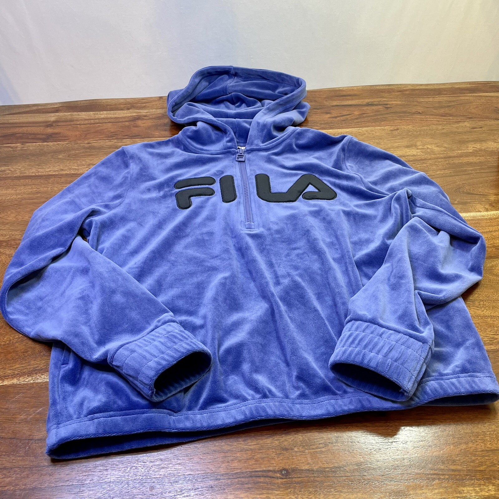 Felpa con cappuccio Fila M giacca da pista velluto cerniera anteriore blu cappuccio
