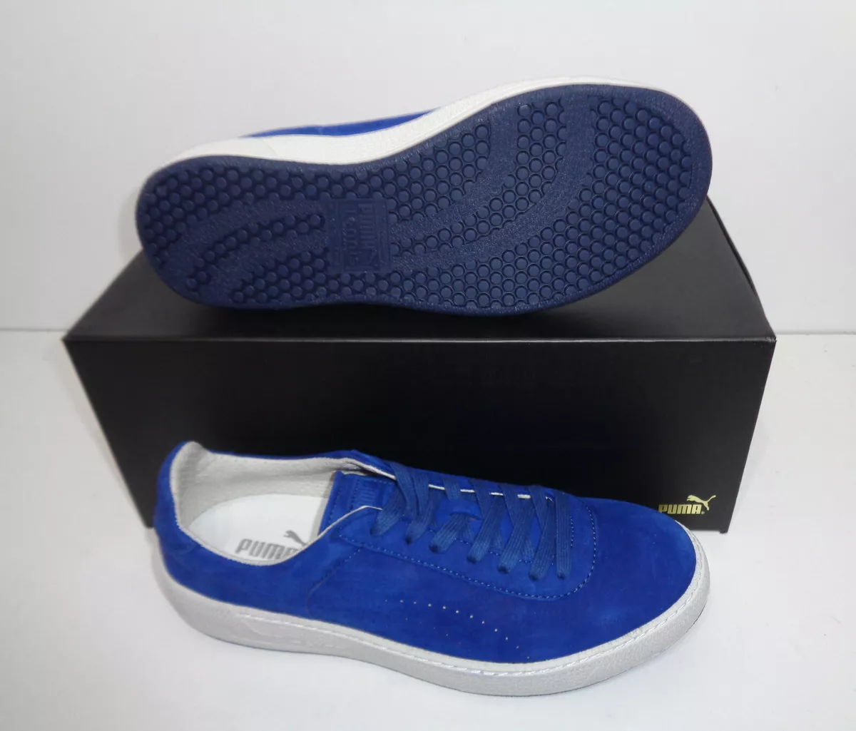 Mens white hotsell and blue trainers