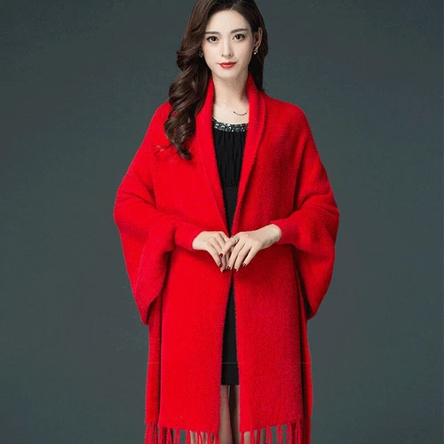 Womens Cape Poncho Outwear Warm Elegant Faux Fur Tassel Sleeves Shawl Cloak Coat - Bild 21 von 32