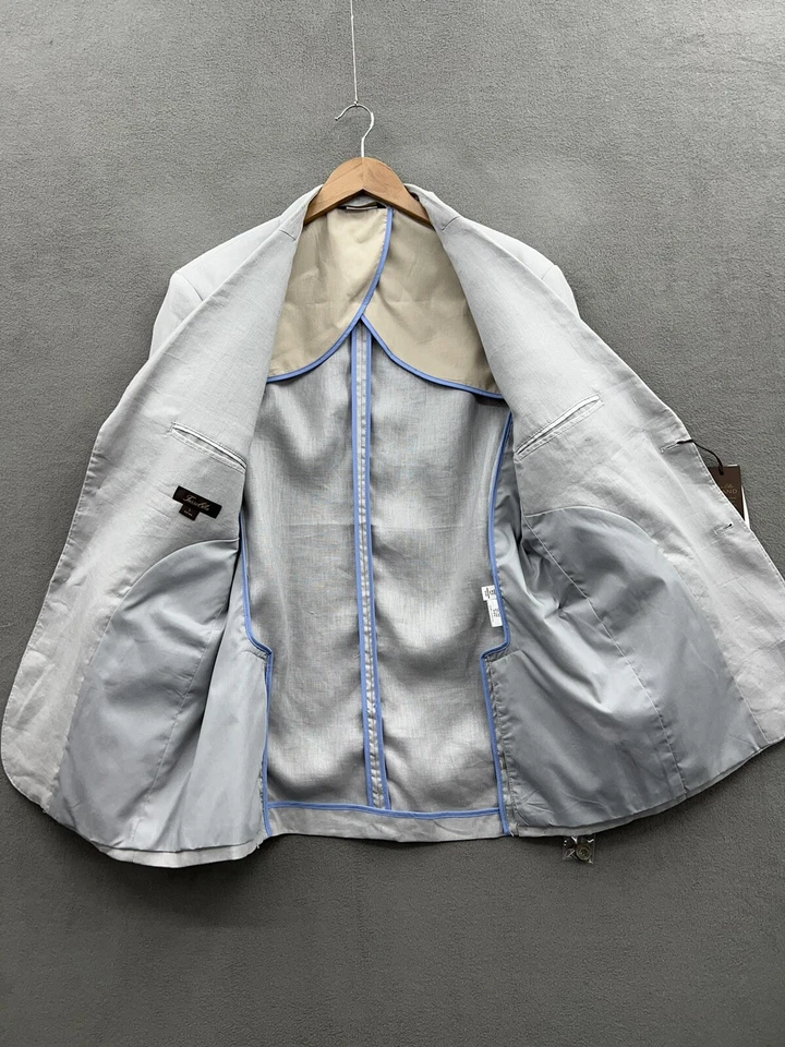 Blazer Abrigo Deportivo Tasso Elba Hombre Grande 42-44 100% Lino Gris Dos Botones Foto 3 de 4