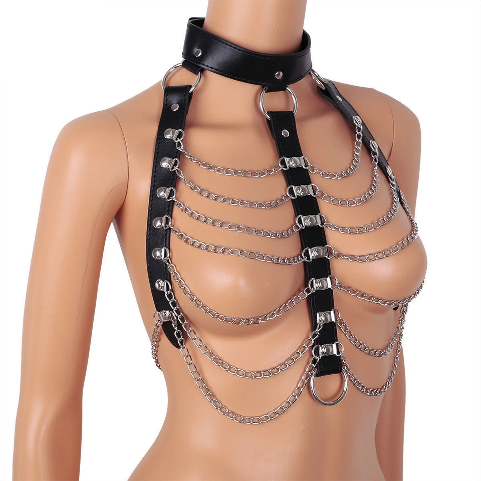 Sexy Imitation PU Leather Choker Punk Gothic Body Suit Metal Chain Costume Foto 2 de 4