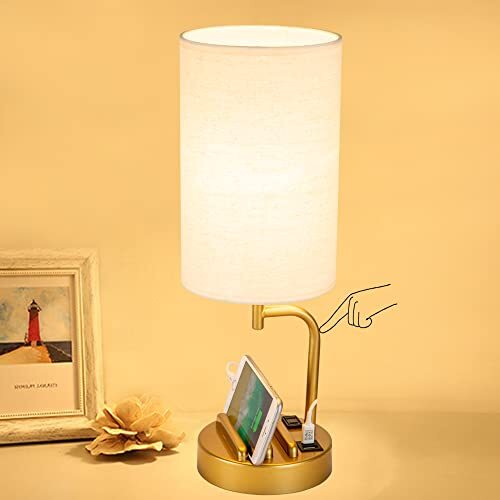 Touch Control USB Table Lamp, Upgraded 3-Way Dimmable Linen shade+Gold base