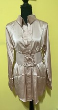 Junior’s Satin Elastic Lace Up Belted Dress. Size Medium. Color Nude .