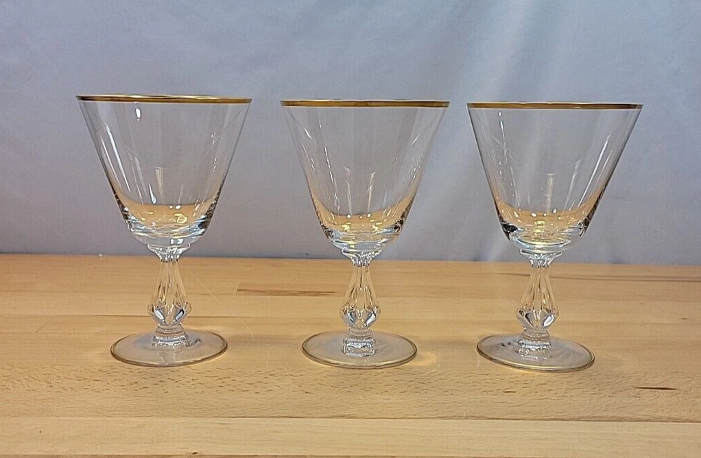 3 Vintage Fostoria Ambassador Water Glass Goblet Gold Trim Stem 6065 6”