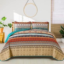 Boho Quilt Set, Green and Brown Bohemian Quilt Bedding Set, Queen Brown Green
