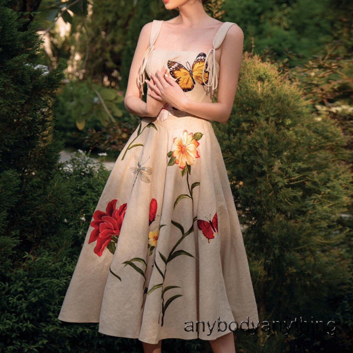 beige dress with red flowers Women Embroidery High Waist Pleated A-line Gown Summer Beach Slip Size:UK L (In-Rental)