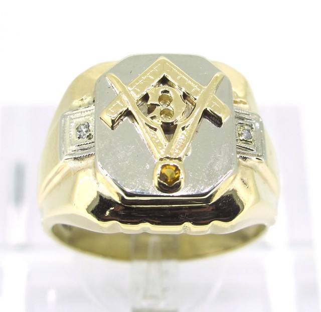 14k Yellow Gold Retro Plumb & Trowel Masonic G Compass Symbol Ring Size