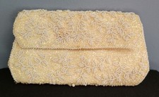 VNTG La Regale LTD Beige/Off White Snap Clutch Beaded Purse 