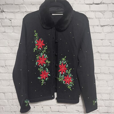 Victoria Jones Vtg Holiday Sweater Embroidered Poinsetta Pearl Gold Beads  Size M