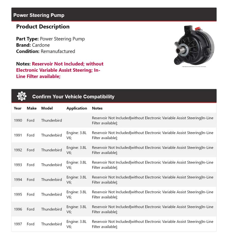Bomba de dirección asistida Cardone para Ford Thunderbird 1990-1997 1991 1992 1993 1994 Foto 2 de 4
