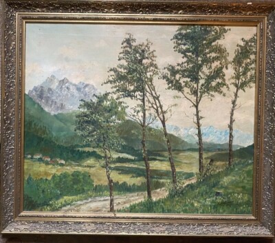 ::K. HAßLÖWER 1945 ÖLGEMÄLDE BÄUME BERGE GIPFEL RAHMEN TAL °BLICK INS GRÜNE ÖL