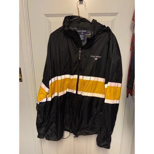 Polo Sport Windbreaker Mens XL Black Yellow Good Reflective Tape Vintage Jacket - product listing photo