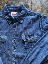 Wrangler Premium Denim Long Sleeve Button Down Western Shirt Blue Jean Men Large