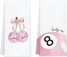Lucky Me Kitchen Towels Set of 2, 16x24 Inch Pink Cherry and 8 Ball Pink Luck