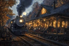 Home Decor Vintage Steam Train Station Landscape Wall Art Canvas Prints Painting