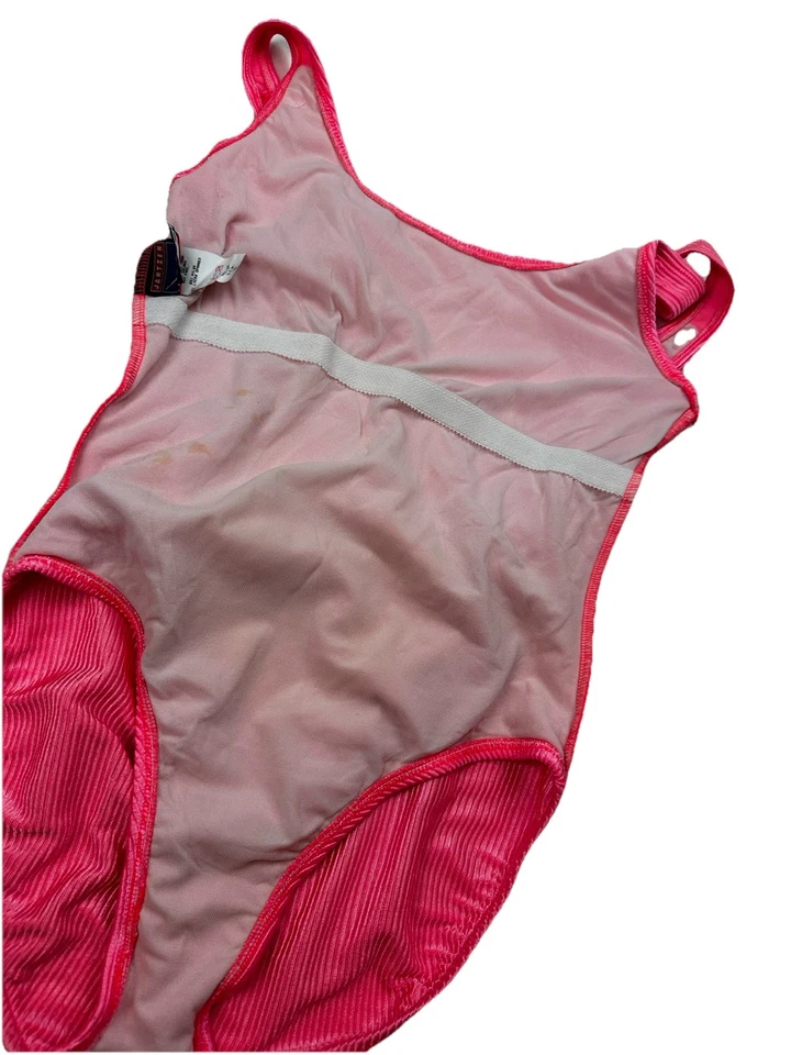 Traje de baño vintage Jantzen de una pieza acanalado cuello redondo años 80/90 rosa neón ≈ talla 16 Foto 2 de 4