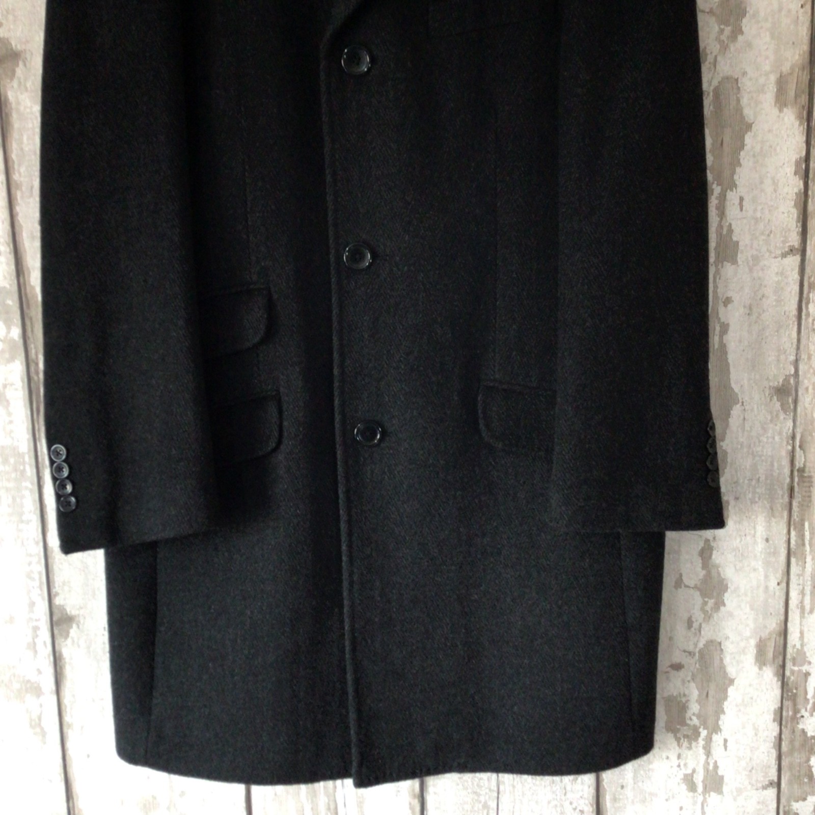 GREENWOODS Mens Overcoat 38R Cashmere Blend Black Grey Herringbone Crombie Style image 5
