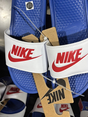 Nike Benassi JDI Men's Slide Sandals Comfort Slip-On Blue/White/Red Logo
