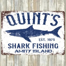 1pc Quints Shark Fishing Vintage 8x12 Inch Aluminum Tin Metal Signs Home Décor