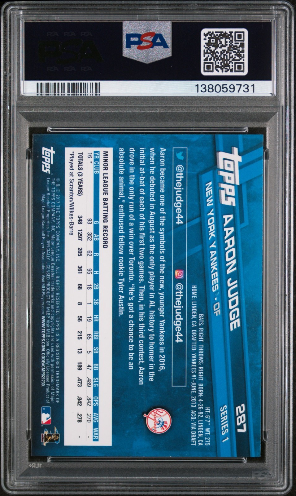 2017 Topps Aaron Judge Rookie #287 (RC) PSA 9 New York Yankees view 2