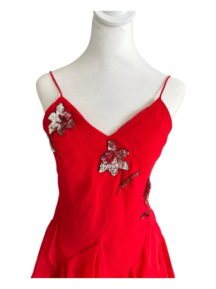 VTG Y2K Red Silk Sequin Midi Cocktail Dress Gown Fairy Ruffle XS Ethereal Prom - Image 3 of 4