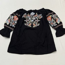Free People Fleur Du Jour Black Off the Shoulder Mini Dress Floral Embroidery 